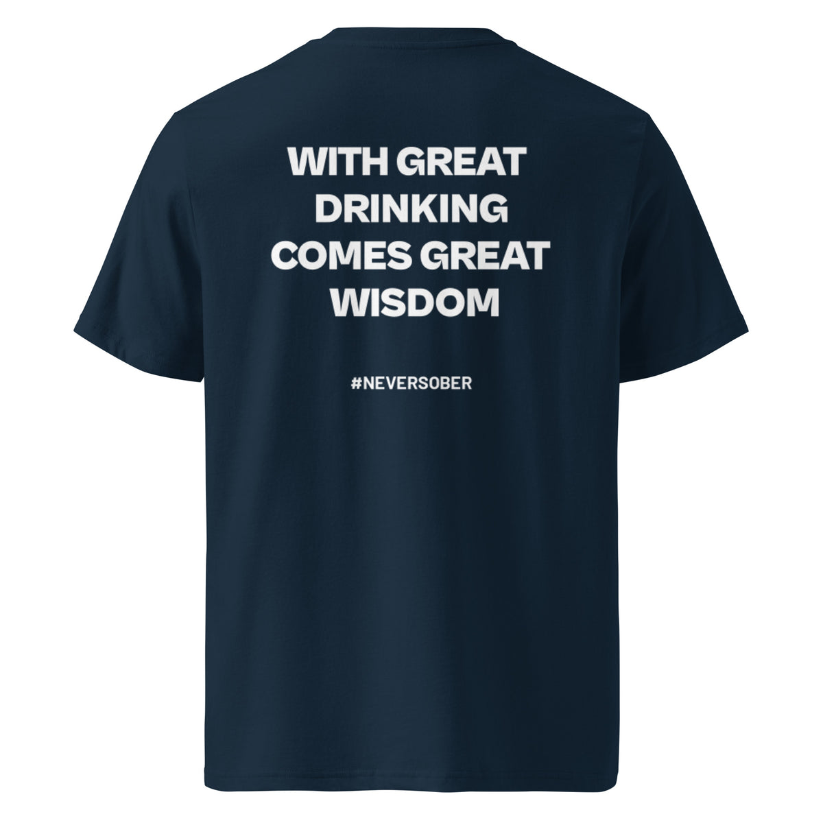 Back view of the French navy KYNVRO With Great Drinking Comes Great Wisdom graphic T-shirt