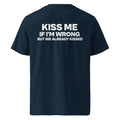 Back view of the French navy KYNVRO Kiss Me If I’m Wrong graphic T-shirt