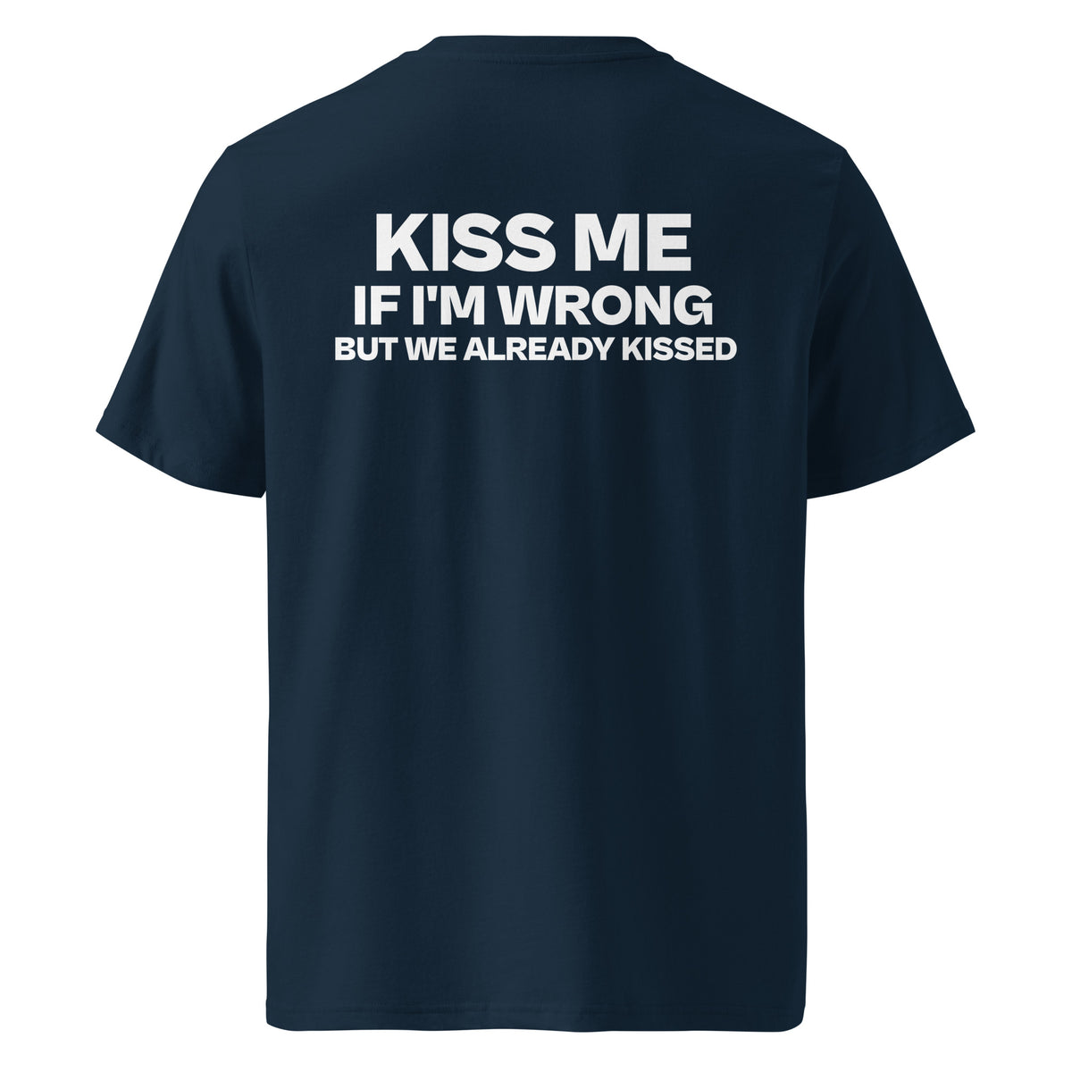 Back view of the French navy KYNVRO Kiss Me If I’m Wrong graphic T-shirt